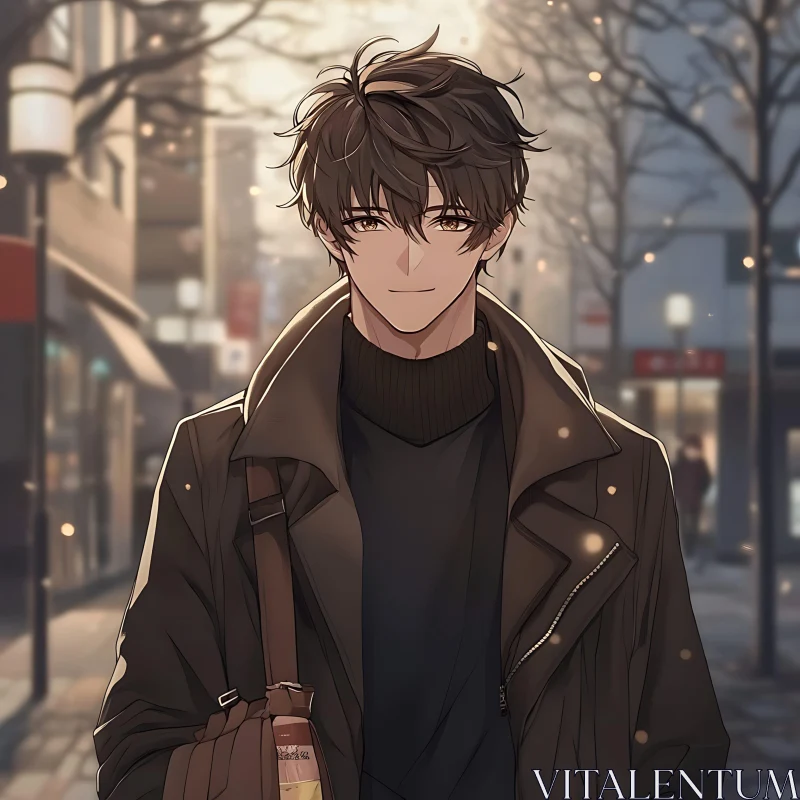 Stylish Anime Character in Winter City Setting