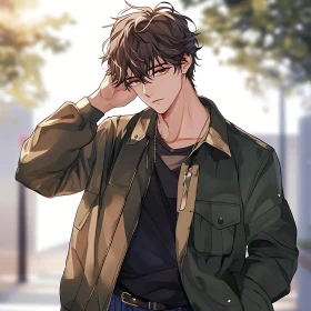 Casually Posing Anime Male Character with Stylish Jacket