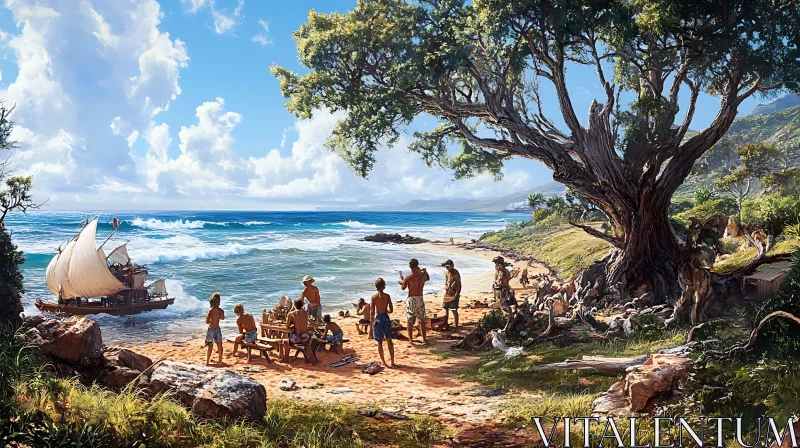 Beach Scene with Sailboat and Ancient Tree