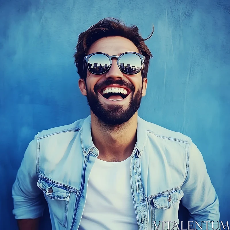 Joyful Man with Beard Against Blue Background
