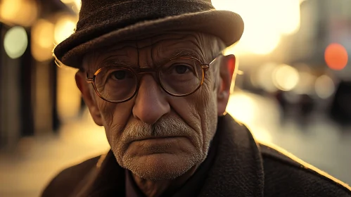 Elderly Man's Intense Gaze in Golden Street Light