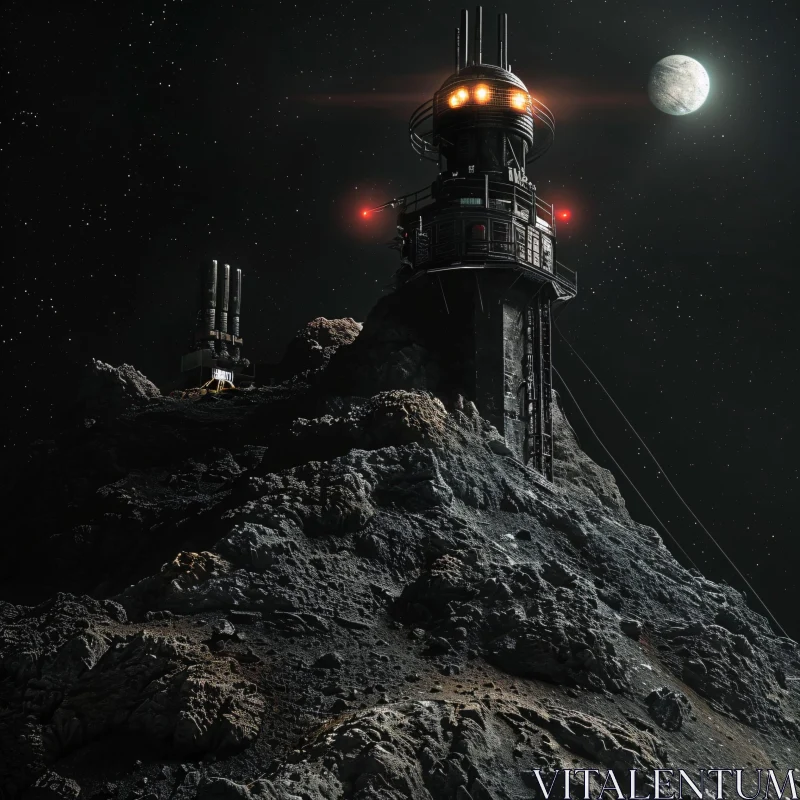 Asteroid Space Station Under Starry Sky