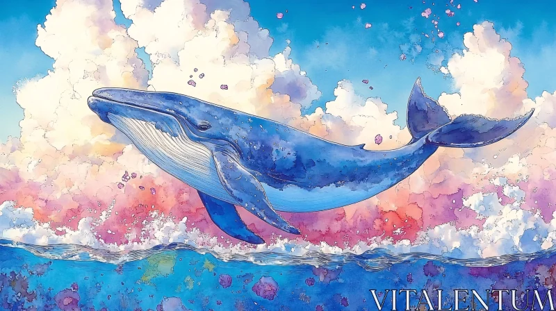 Whale Mid-Leap with Vivid Ocean and Clouds AI Image