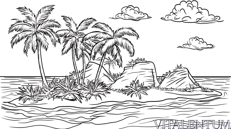 Peaceful Island with Palm Trees in Black and White Sketch AI Image