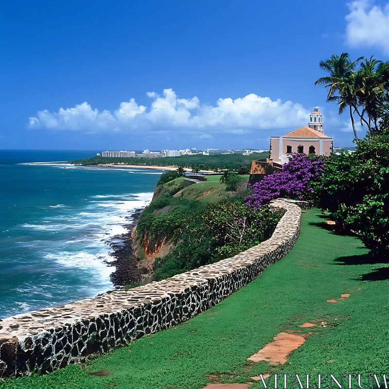 Scenic Coastal Landscape with Cliffside Architecture AI Image