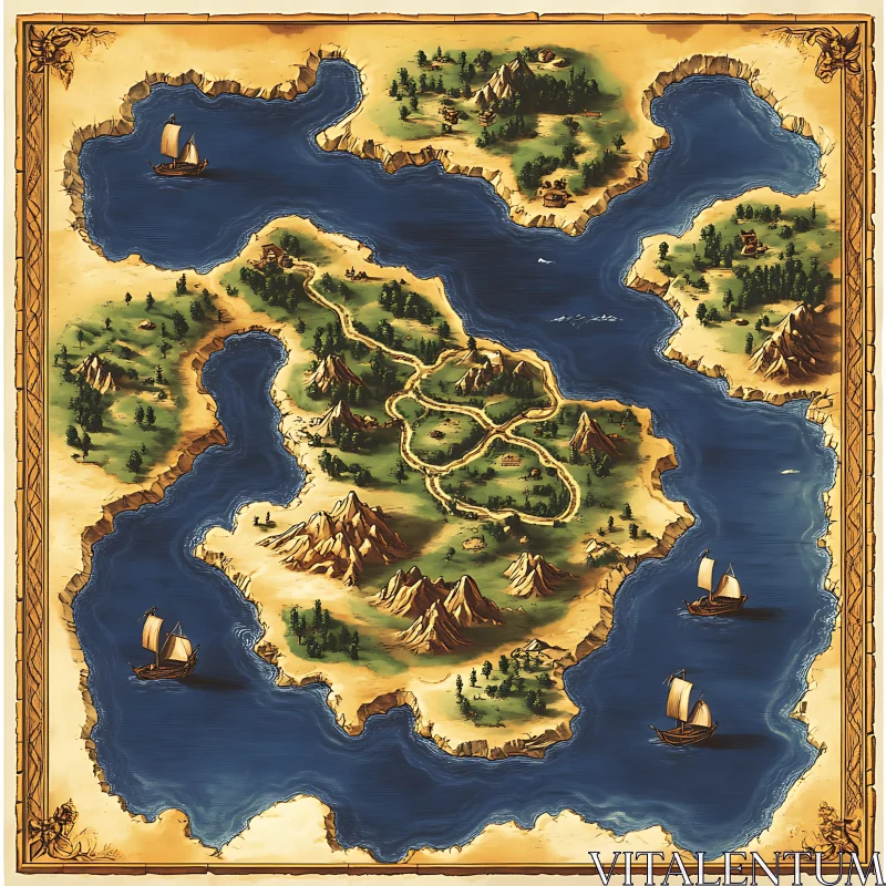 Illustrated Island Map with Mountains and Ships AI Image