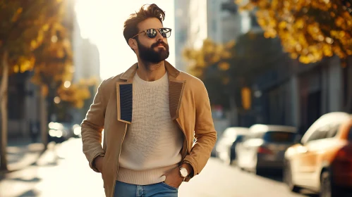 Fashionable Man Walking in Autumn Sunlight