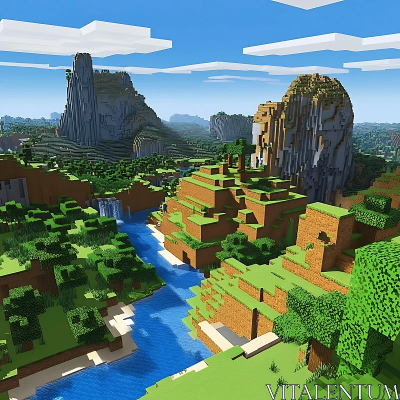 Block Terrain with River and Mountains AI Image