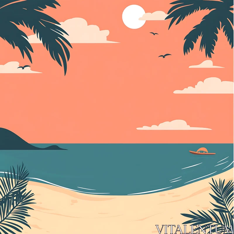 Tranquil Beach Sunset with Palm Trees and Boat AI Image