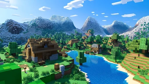 Scenic Video Game World with Pixelated Houses and Nature