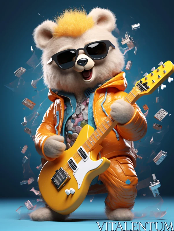 AI ART Musical Bear in Orange Jacket with Electric Guitar