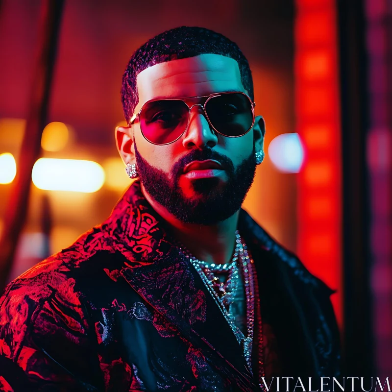 Fashionable Man in Patterned Jacket and Sunglasses AI Image