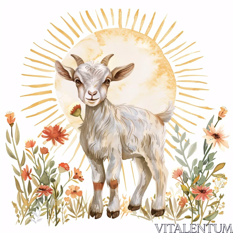 AI ART Pastoral Goat in Sunlit Floral Setting