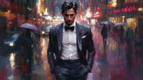 Moody Urban Rainy Night with a Man in Tuxedo