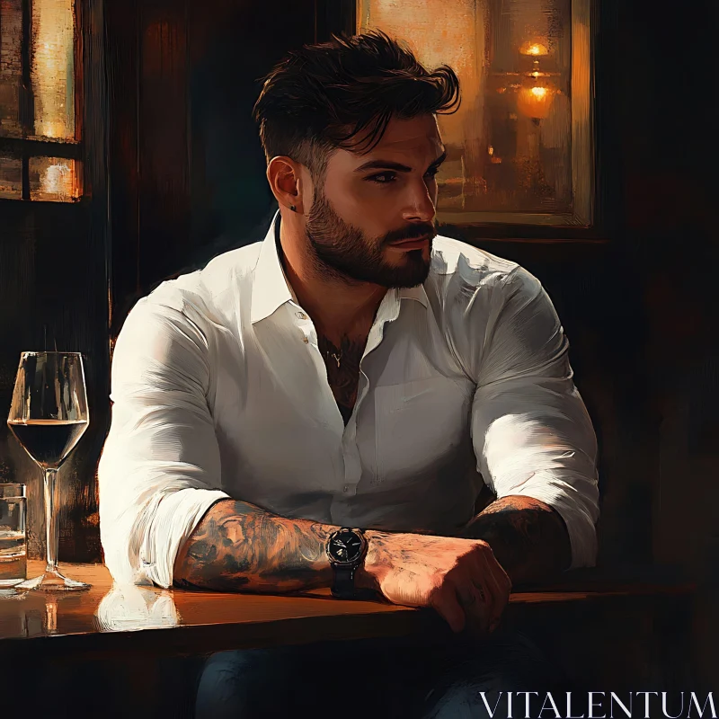 AI ART Thoughtful Man with Tattoos in Bar Setting