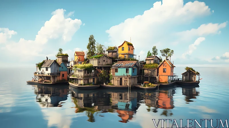 Tranquil Floating Houses on Serene Water Body AI Image