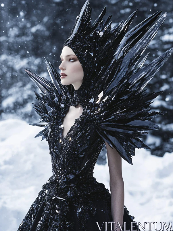 AI ART Black Gothic Dress with Crystalline Spikes