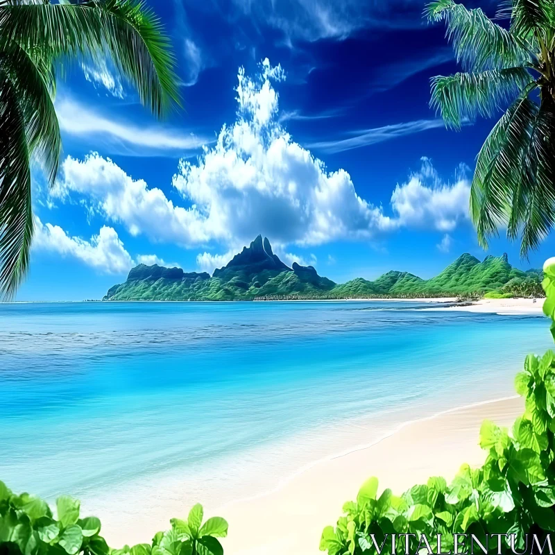 Idyllic Beach Scene with Mountains and Clear Skies AI Image