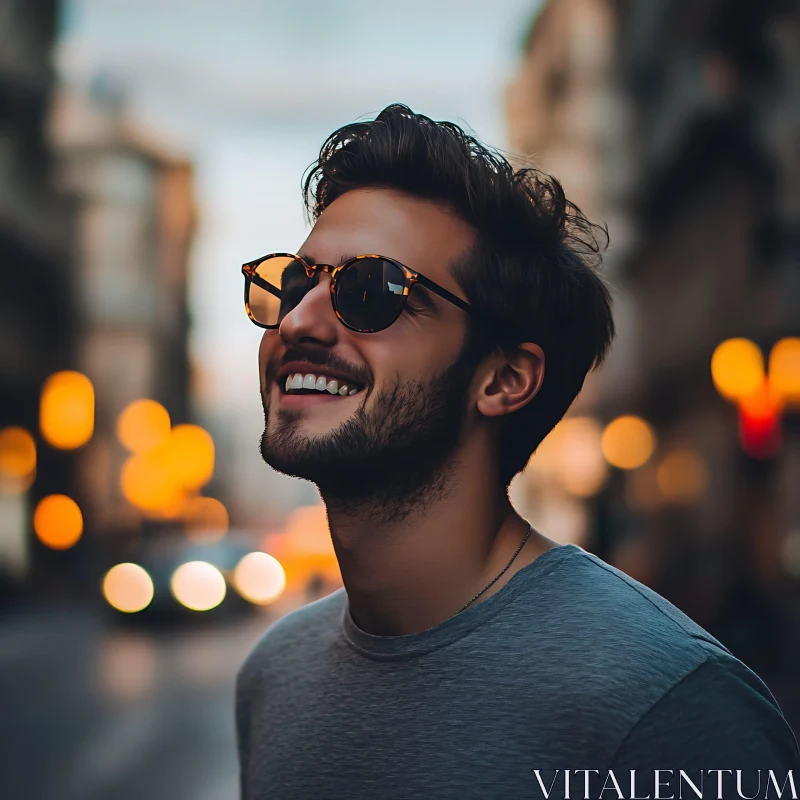 Happy Young Man in Sunglasses on a Vibrant Evening Street AI Image