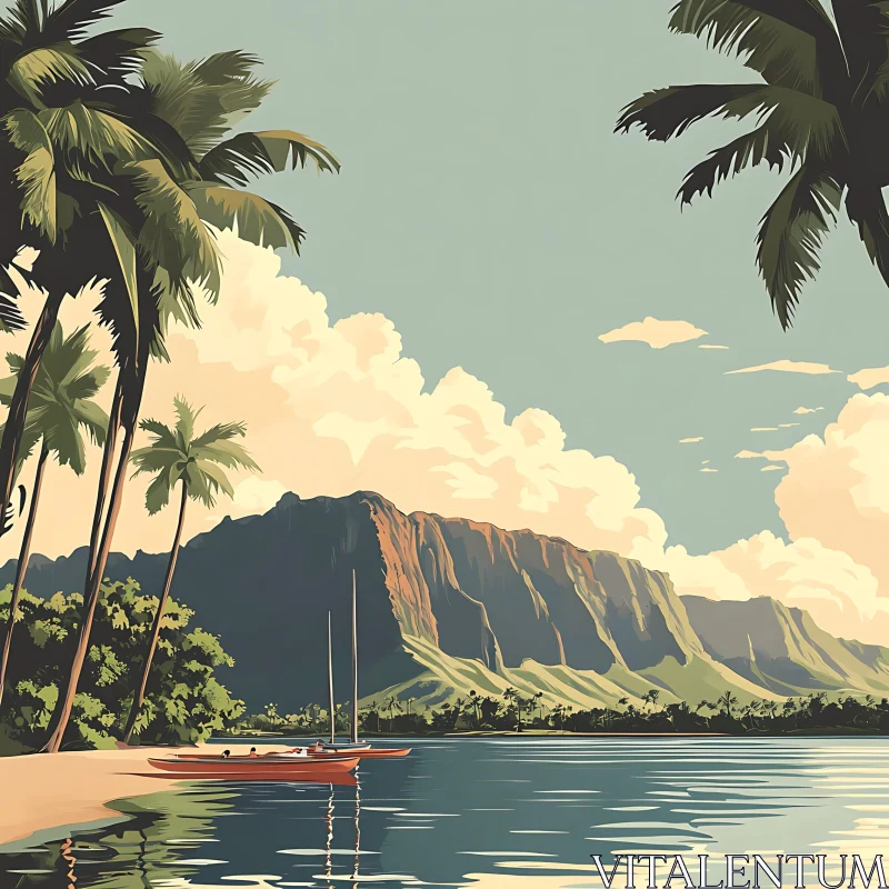 Tropical Beach with Palm Trees and Mountains AI Image