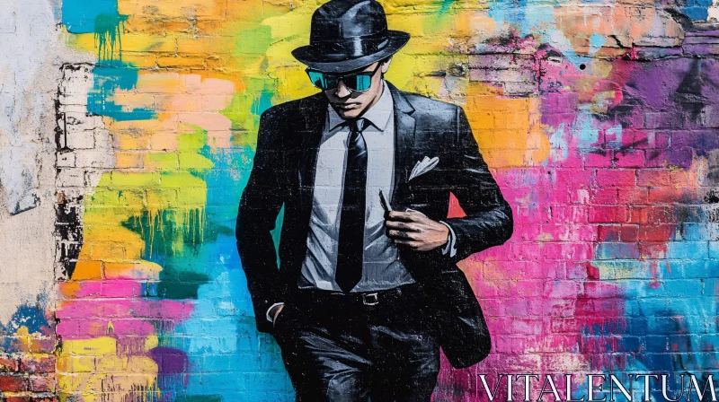 Colorful Street Mural of Man in Black Suit AI Image