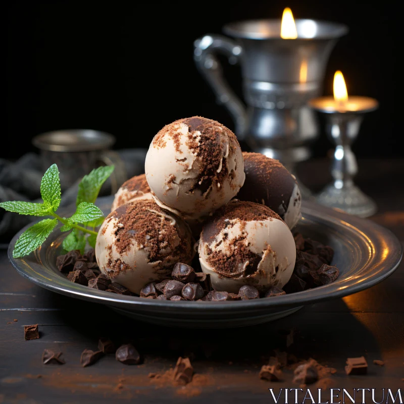 Gourmet Chocolate Ice Cream with Candlelight and Mint AI Image