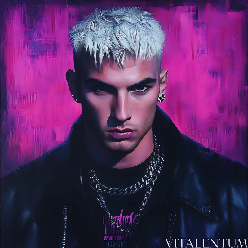 Bold Male Portrait with Neon Magenta Background AI Image