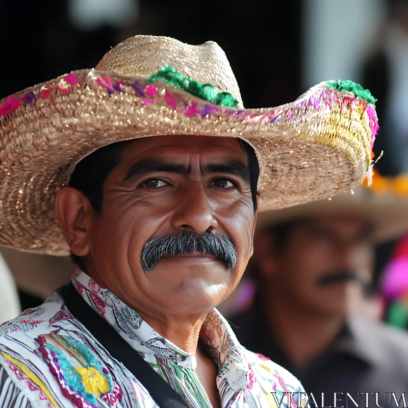 Portrait of a Man in a Decorative Straw Hat AI Image