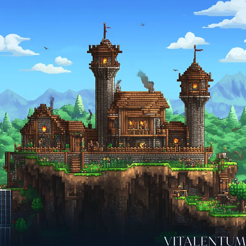 Medieval Fortress in Pixel Art Style AI Image