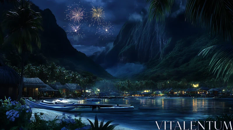 Nighttime Fireworks in Tropical Paradise AI Image