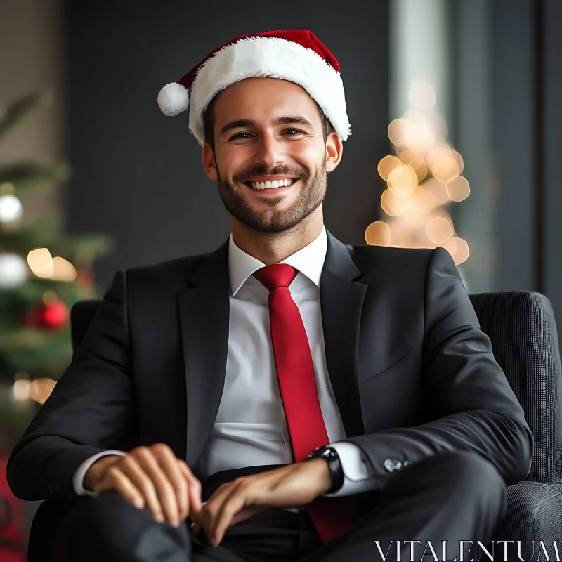 Festive Man in Santa Hat and Suit with Christmas Background AI Image