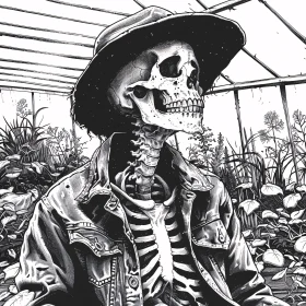 Skeleton Wearing Denim Jacket in Nature