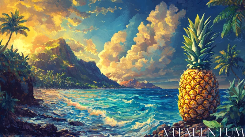 Sunset on a Tropical Island Beach with Pineapple AI Image