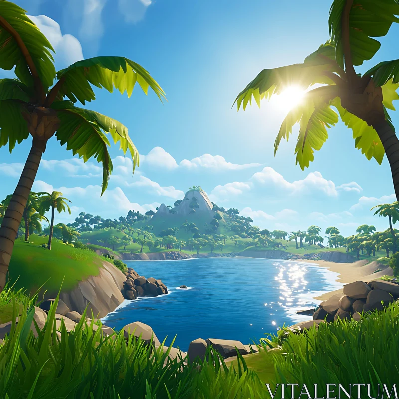 Tropical Ocean View with Palm Trees and Greenery AI Image