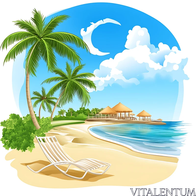 Tropical Paradise Beach with Palm Trees and Seaside Huts AI Image