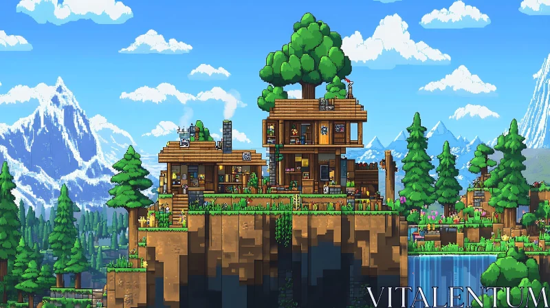 Pixel Art Mountain House with Nature Surroundings AI Image