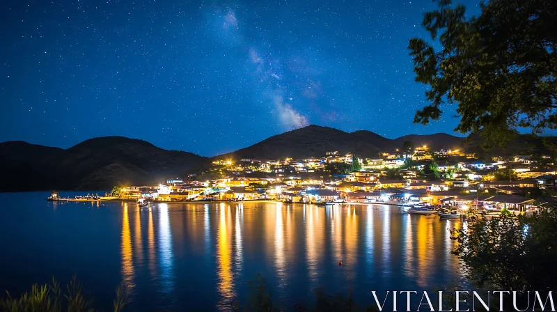 Illuminated Waterside Village at Night AI Image