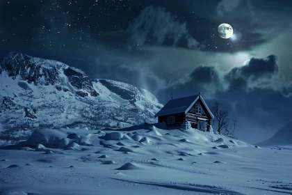 Moonlit Cabin in Snowy Mountains