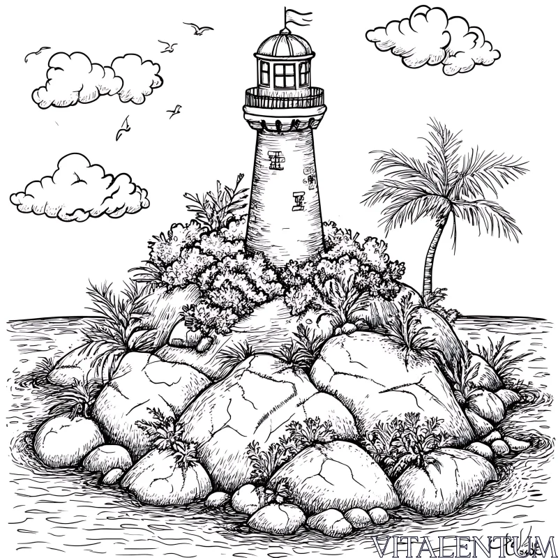 Black and White Lighthouse on Rocky Island Drawing AI Image