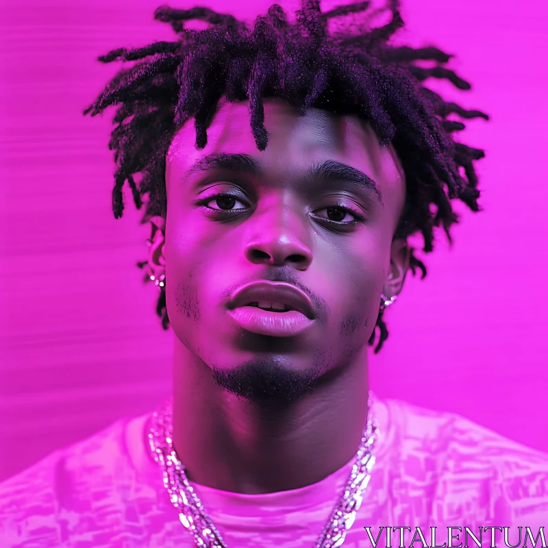 Portrait of a Man with Textured Hairstyle and Pink Background AI Image