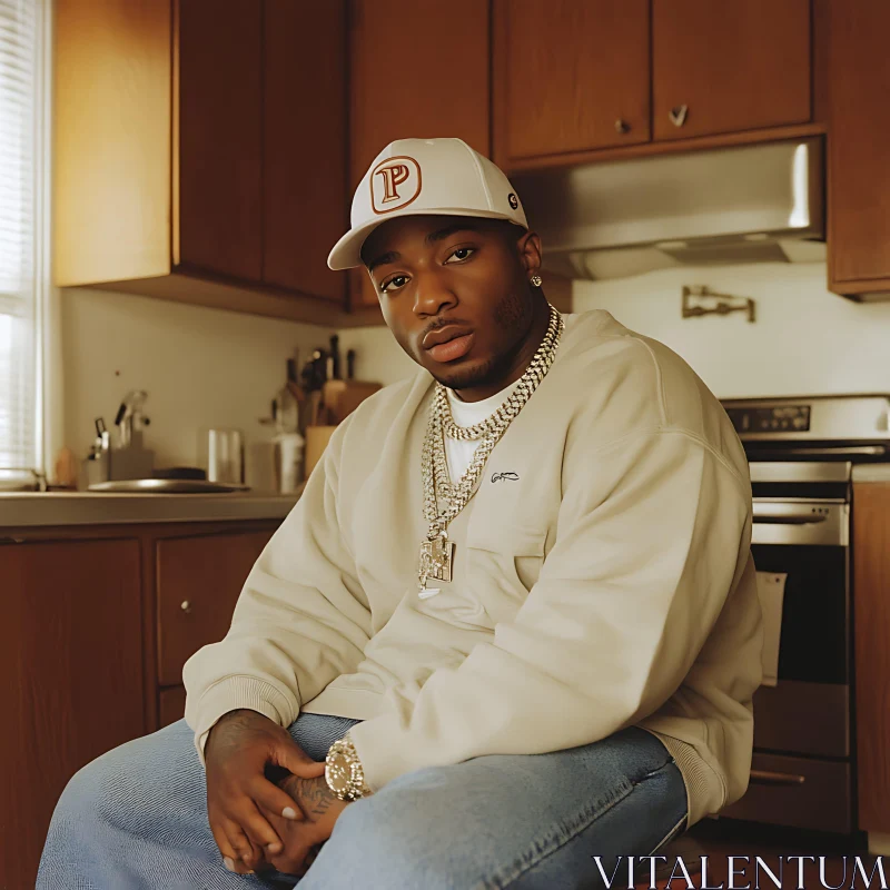 Young Man in a Comfortable Kitchen Setting AI Image