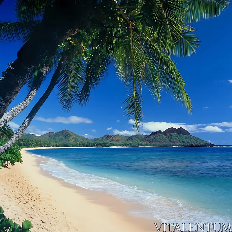 Idyllic Tropical Beach with Lush Palm Trees and Majestic Mountains AI Image