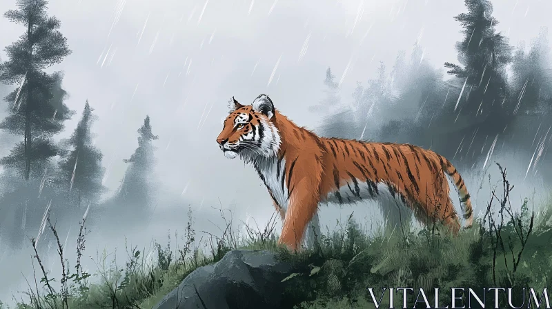 Tiger in Rainy Mist AI Image