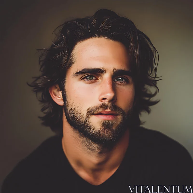 Close-Up Man Portrait with Dark Wavy Hair and Beard AI Image