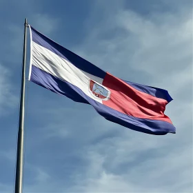 Waving Flag with Tricolor and Emblem in Blue Sky