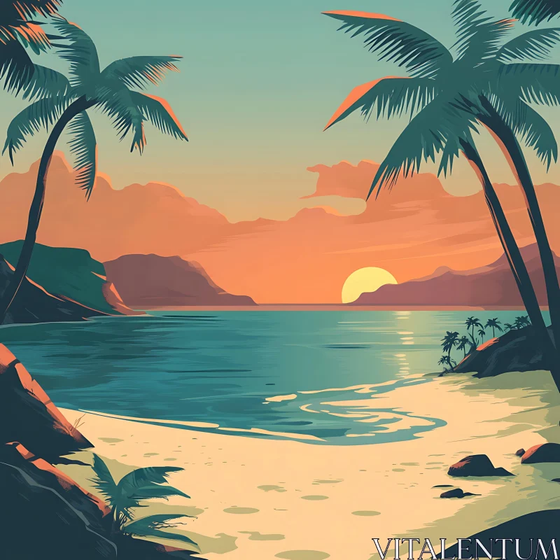 Coastal Sunset Scene with Palms AI Image