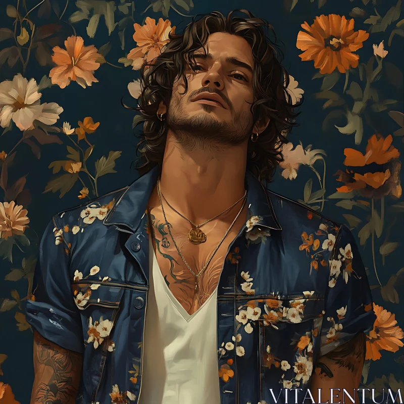 Man with Tattoos in Floral-themed Fashion AI Image