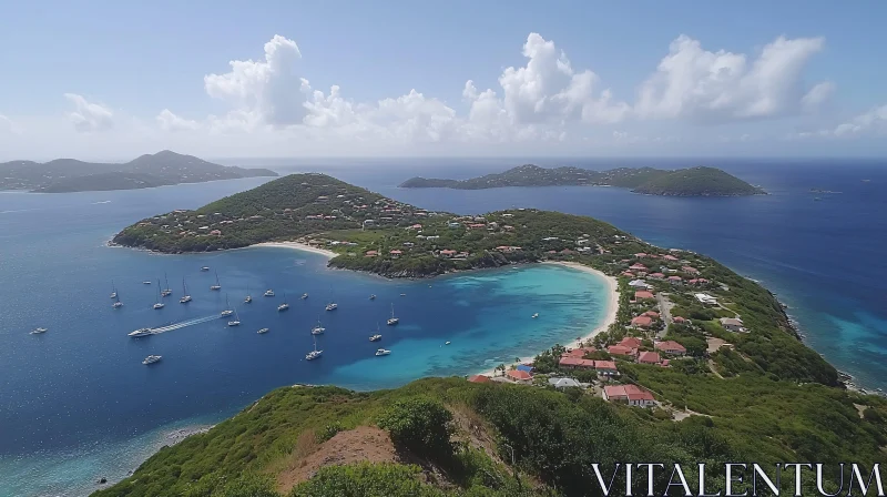 Picturesque Island Landscape with Anchored Boats AI Image