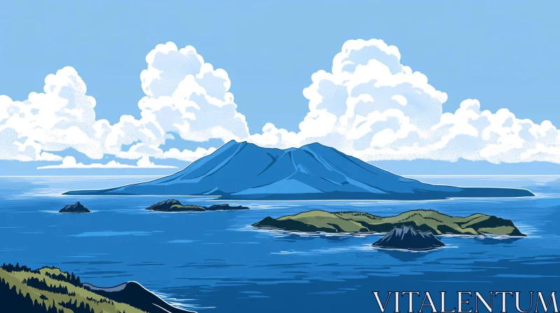 Peaceful Sea with Green Islands and Majestic Mountain AI Image