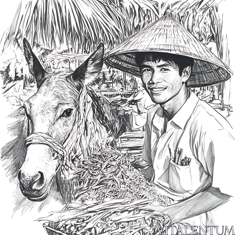 Monochromatic Drawing of Individual with Donkey and Straw Hat AI Image